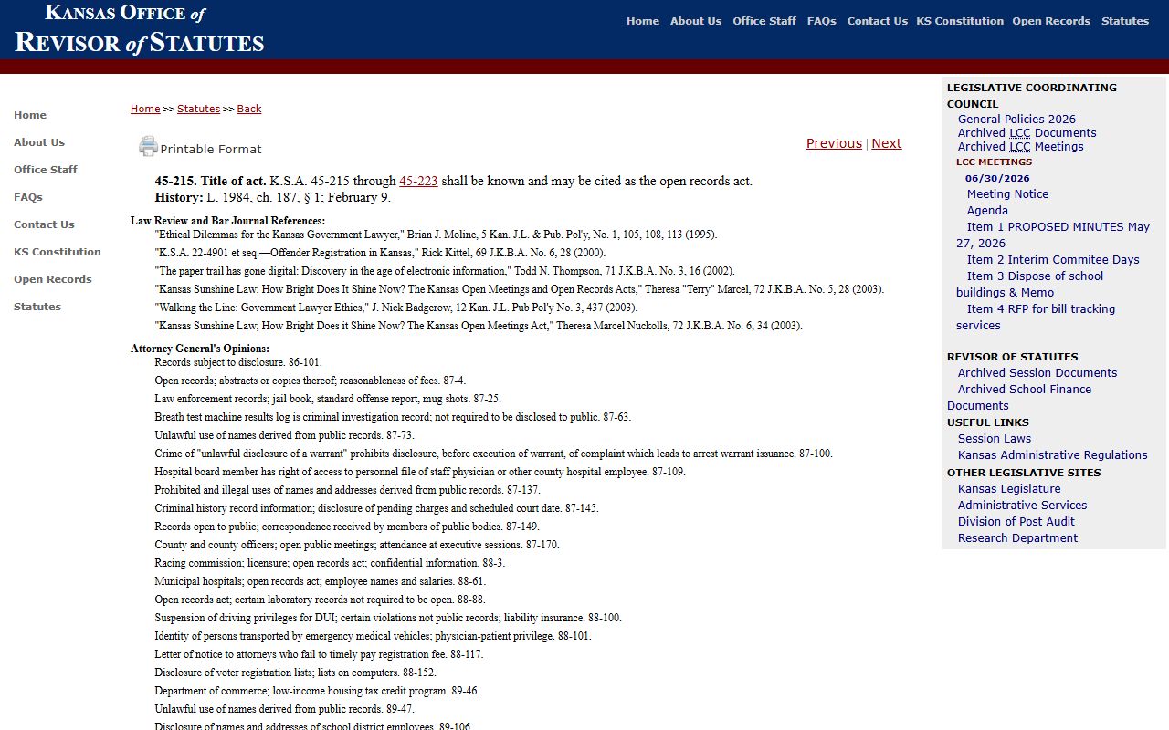 Rooks County court records K.S.A. 45-215 open records source