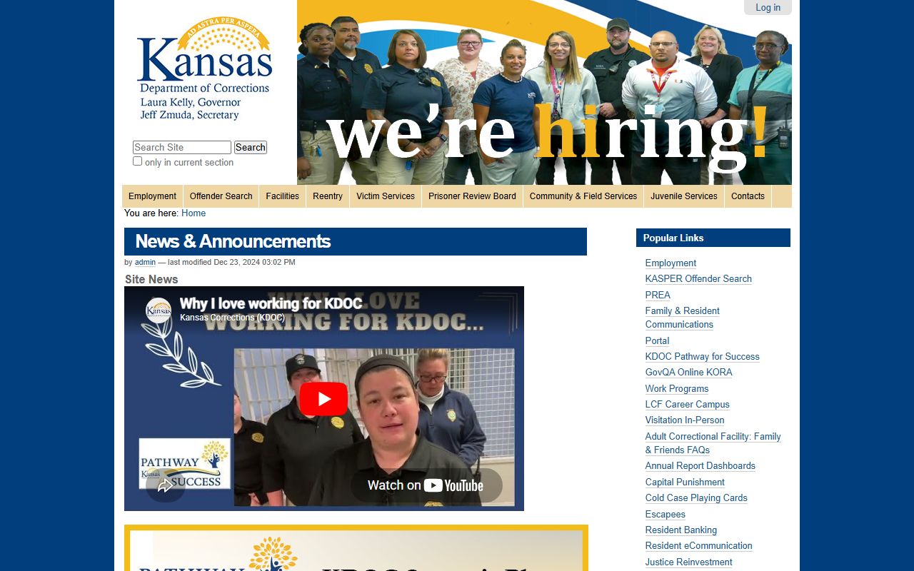 Rooks County inmate search Kansas Department of Corrections state custody source