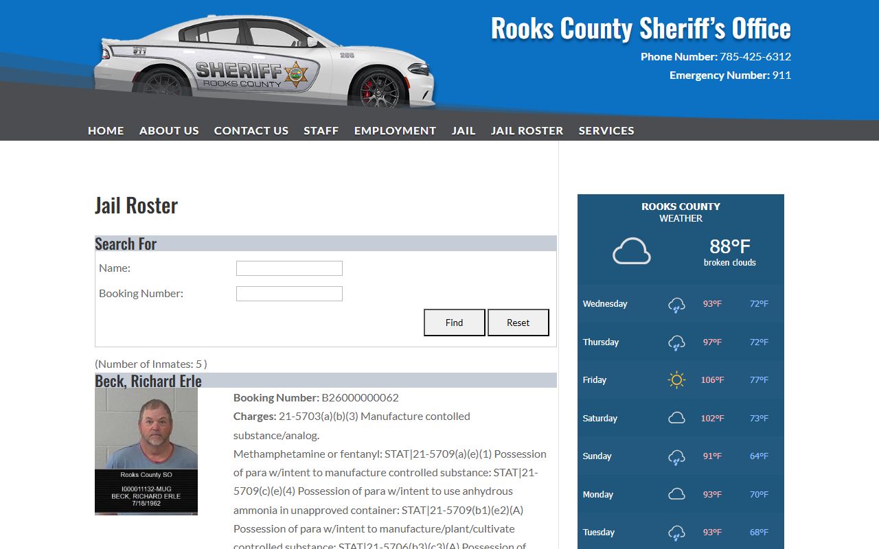 Rooks County inmate search jail roster fields and booking entries