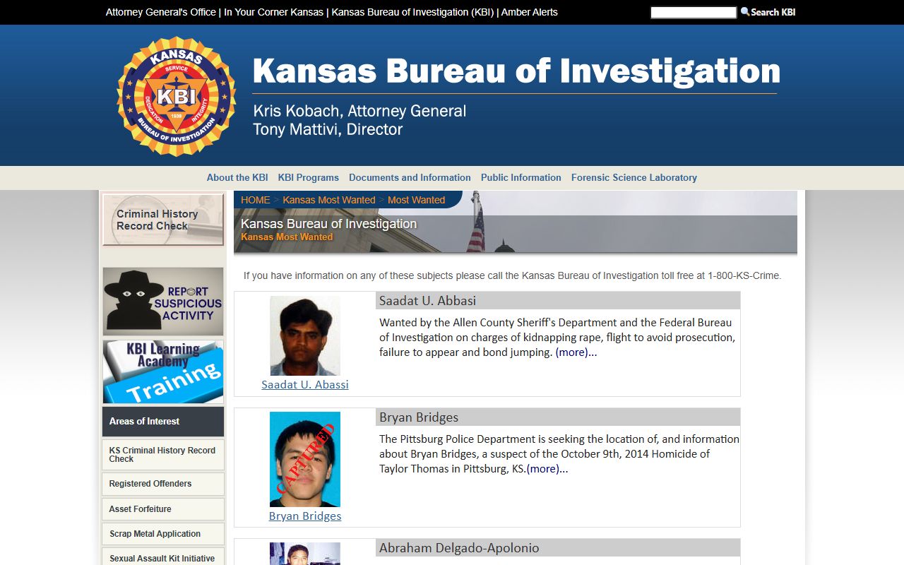 Rooks County warrant search KBI Most Wanted statewide wanted person source
